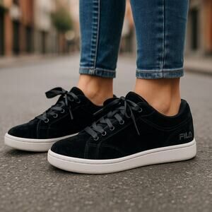 2/$30 Fila US 7.5 Women's Black Velvet Ribbon Lace Up Low Top Sneakers Shoes